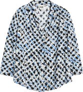 AK ANNE KLEIN Print Pleat Three-Quarter Sleeve Top