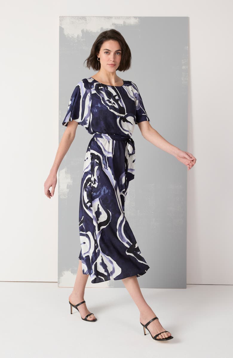 NIC+ZOE Watercolor Vines Jeni Tie Waist Dress, Alternate, color, Indigo Multi