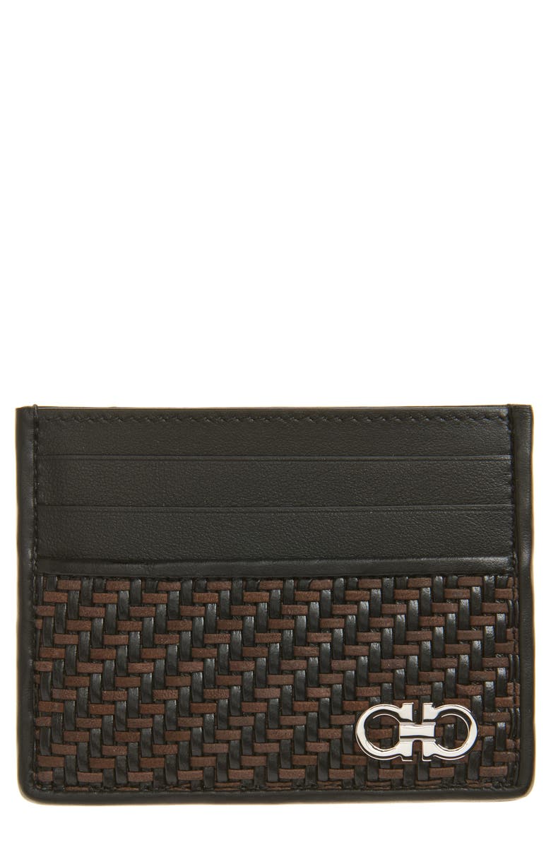 FERRAGAMO Gancio Woven Leather Card Case, Main, color, Moro Nero