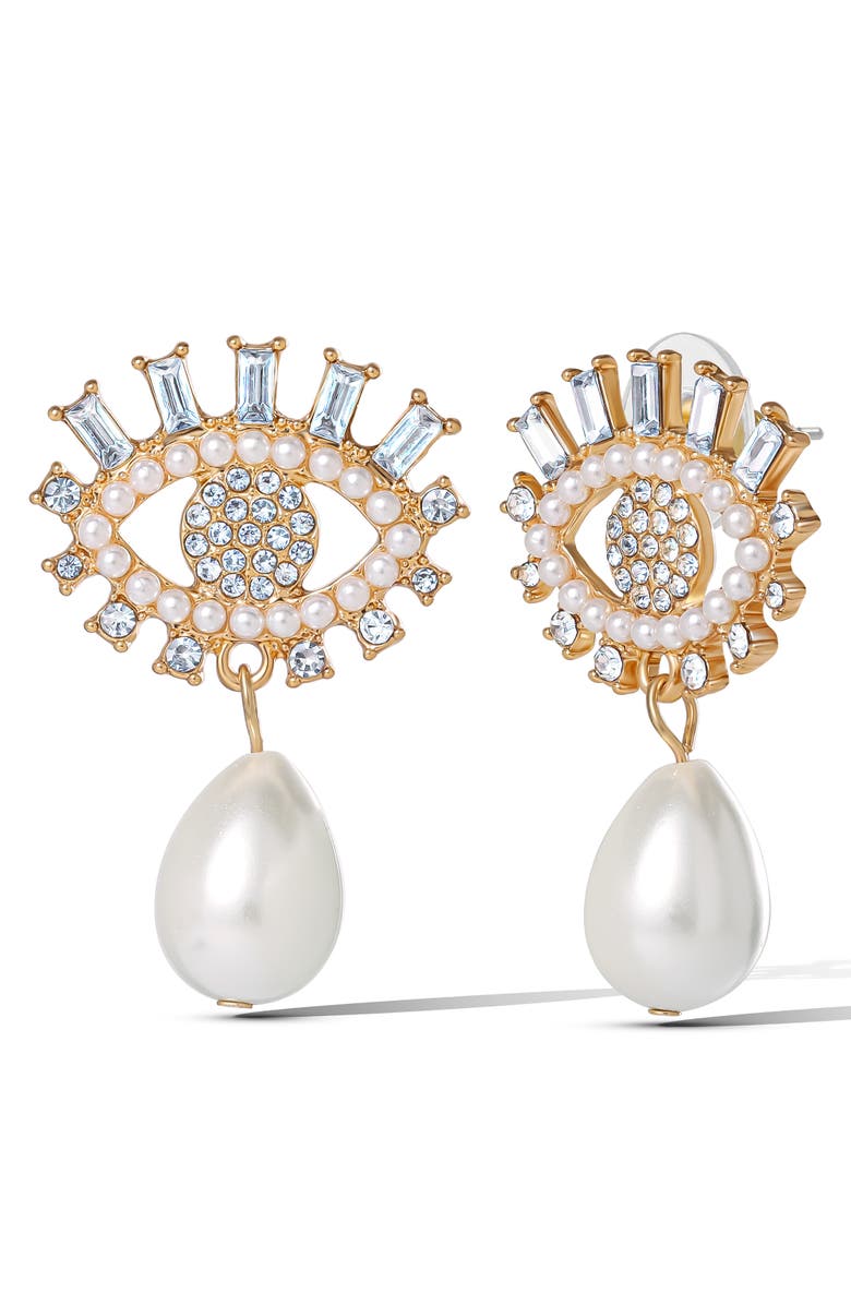Jessica Simpson Gold-Tone Evil Eye Pearl Drop Earrings, Alternate, color, White