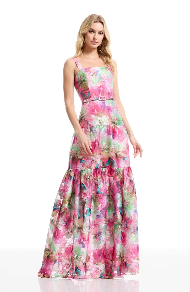 Dress the Population Tate Floral Jacquard Belted Dress, Alternate, color, Bright Fuchsia Multi