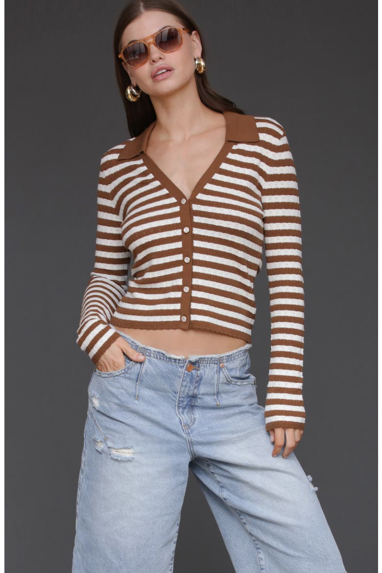 Striped Pointelle Polo Cardigan, Alternate, color, BROWN/ BEIGE