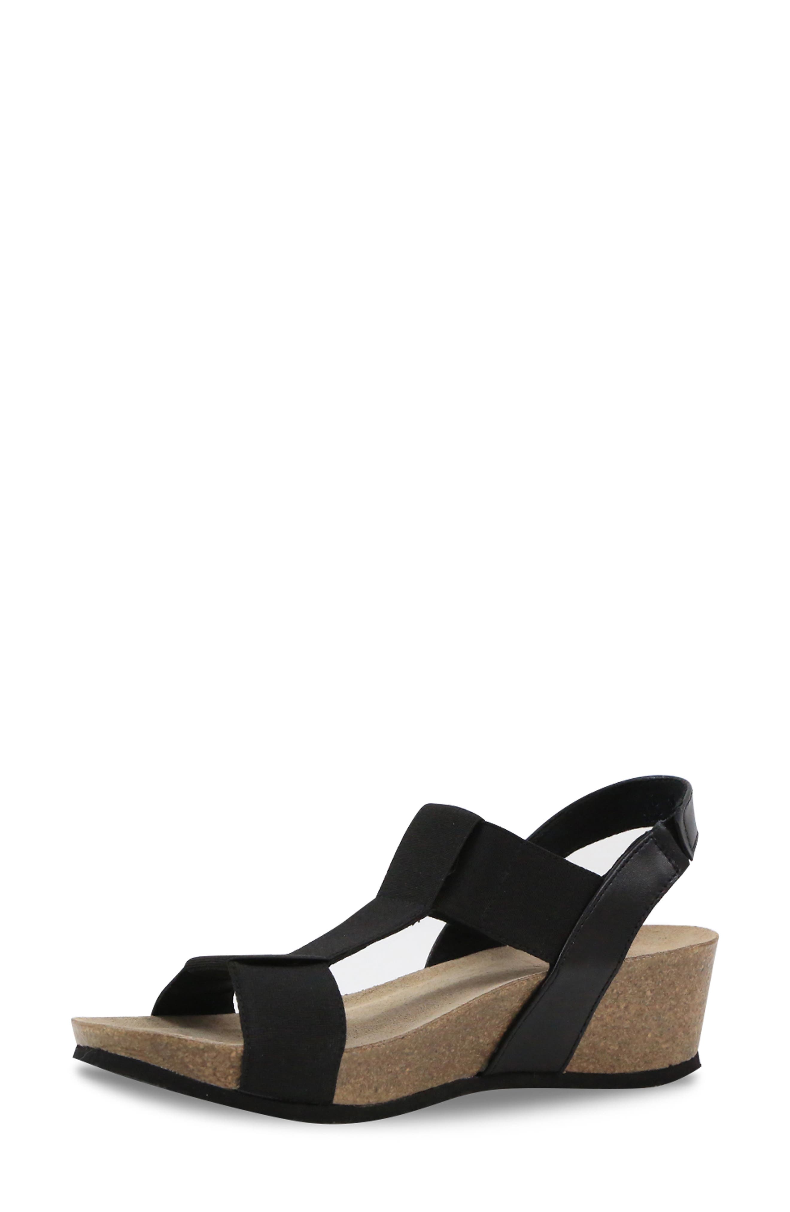 Munro Georgette T-Strap Wedge Sandal - Multiple Widths Available, Alternate, color, Black Patent/ Gore Combo