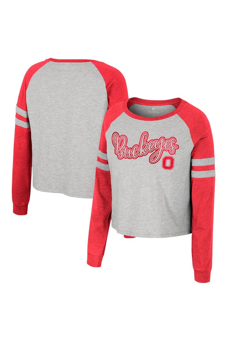 Women's Colosseum Heather Gray Ohio State Buckeyes I'm Gliding Here Raglan Long Sleeve Cropped T-Shirt, Main, color, Heather Gray