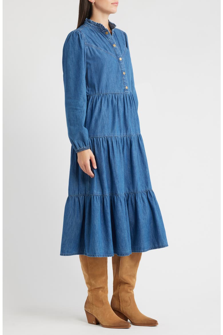 Long Sleeve Tiered Cotton Chambray Maxi Dress, Alternate, color, MEDIUM WASH