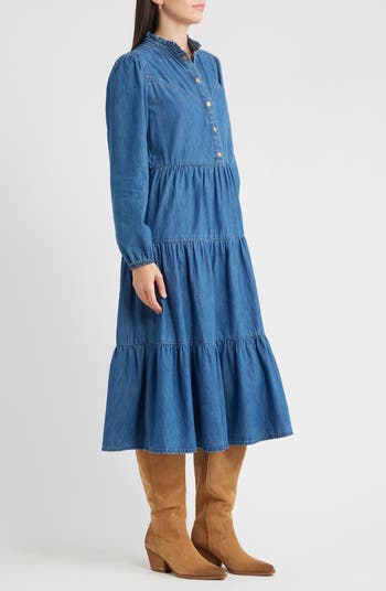 Long Sleeve Tiered Cotton Chambray Maxi Dress