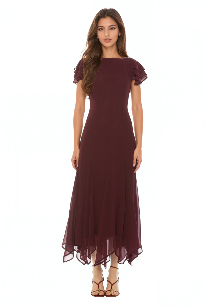 Kaelith Ruffle Sleeve Midi Dress, Main, color, Burgundy