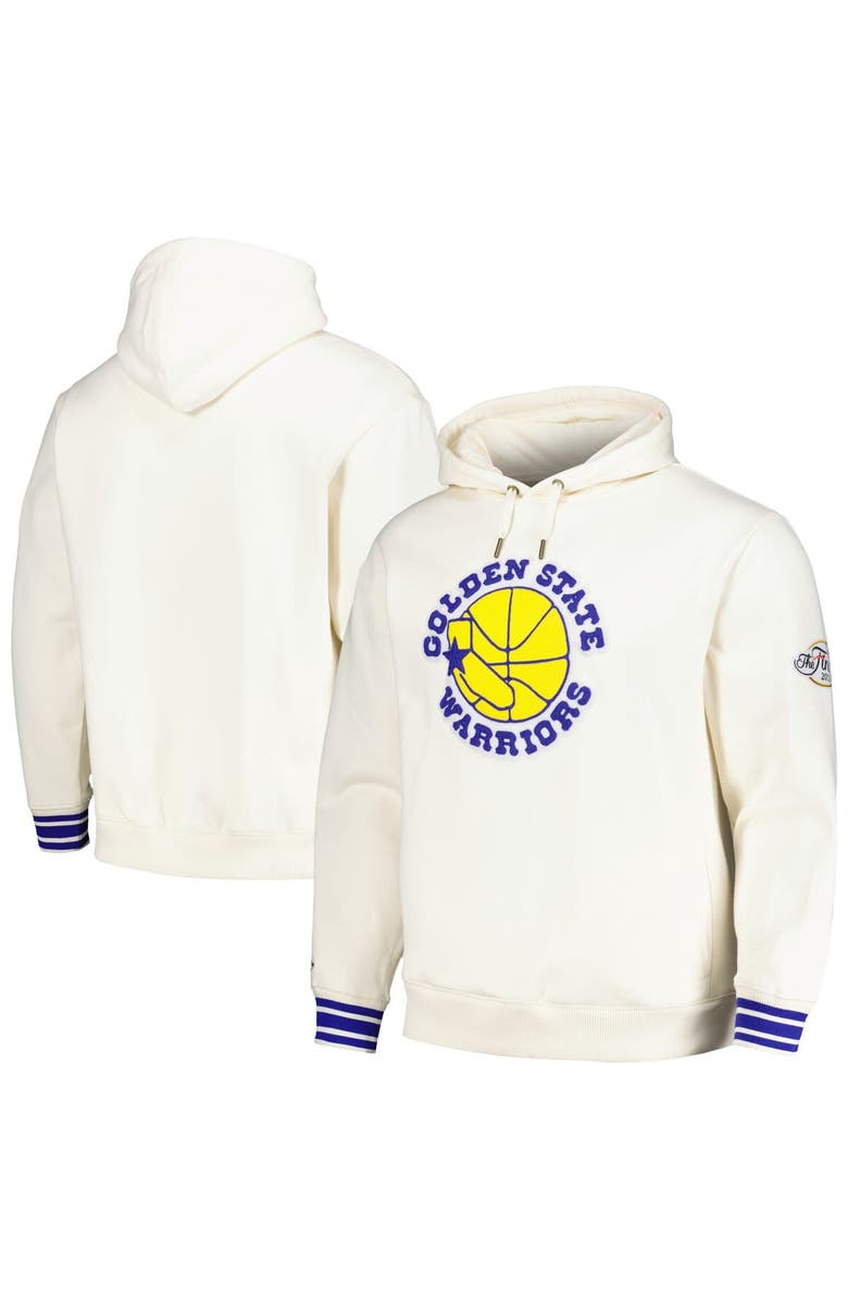 Mitchell & Ness Men's Mitchell & Ness Cream Golden State Warriors Chainstitch Felt Pullover Hoodie, Main, color, 