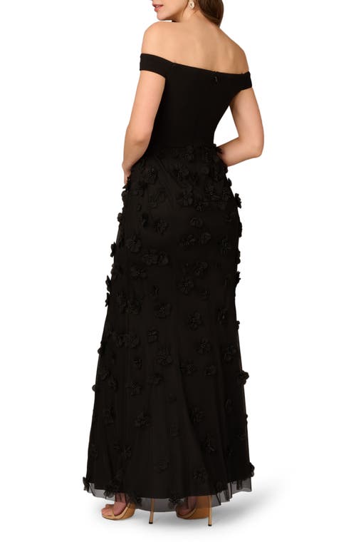 Aidan Mattox Beaded Floral Applique Off-shoulder Gown In Black