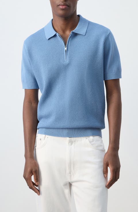 Solid Cotton Waffle Zip Polo Sweater