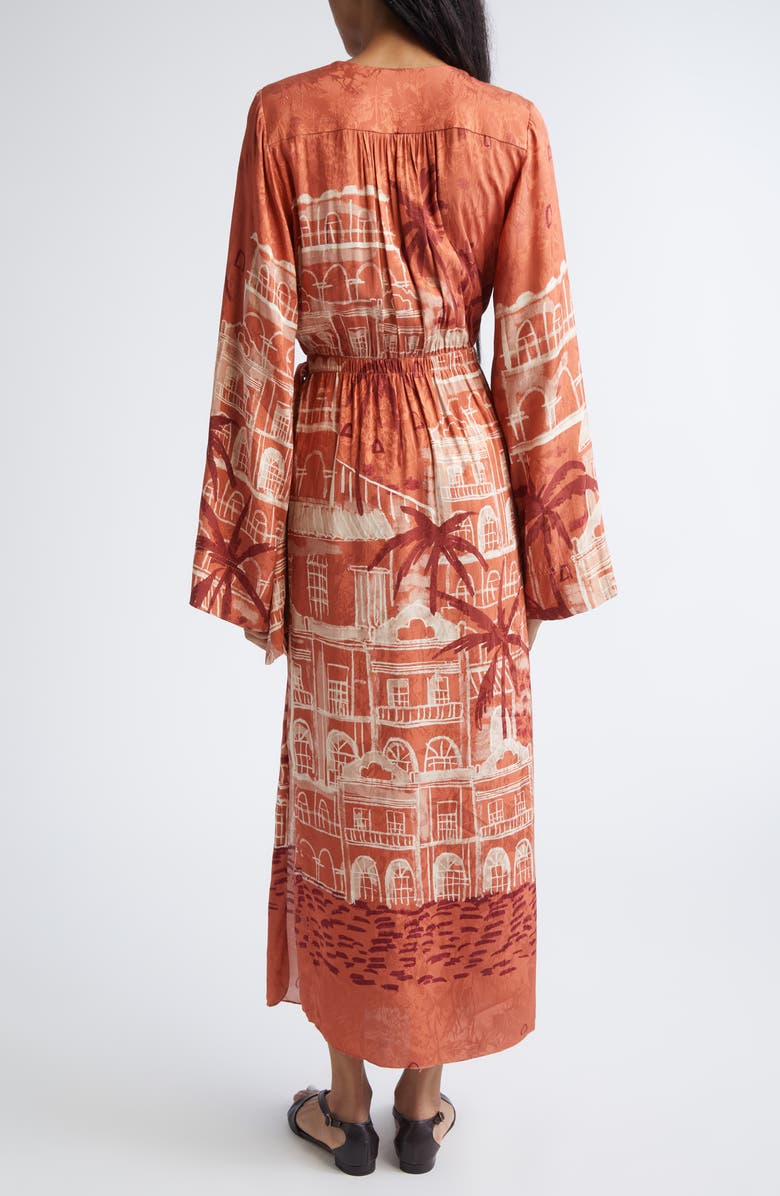 Johanna Ortiz Ollantay Tropical Jacquard Long Sleeve Wrap Dress, Alternate, color, Marsala / Ecru