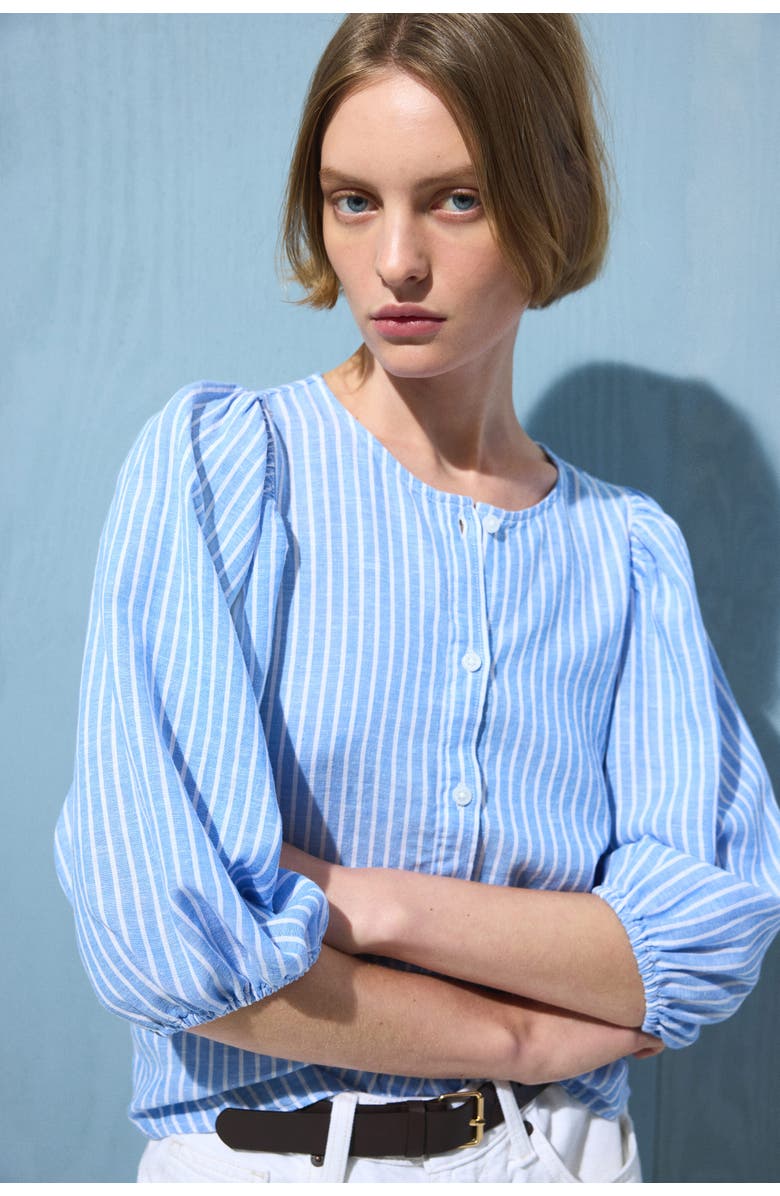 H&M Linen-blend Blouse, Alternate, color, Light Blue/White Striped