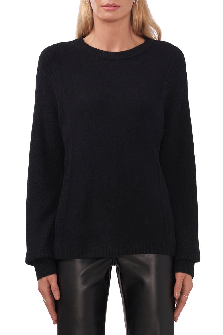 Pointelle Sleeve Crewneck Sweater, Main, color, RICH BLACK