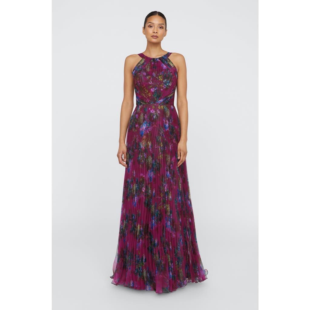 Theia Naveen Pleated Floral-print Organza Gown In Brown
