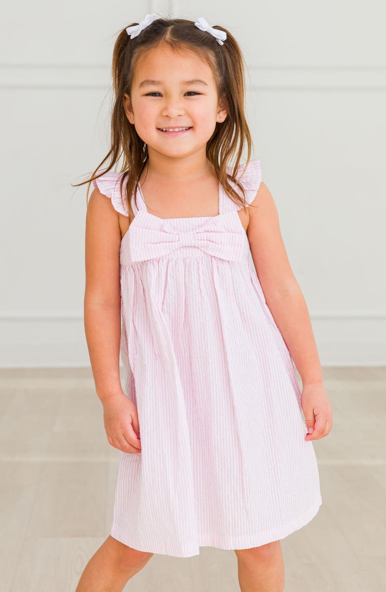 RuffleButts Bow Front Seersucker Pinafore Dress, Alternate, color, Pink