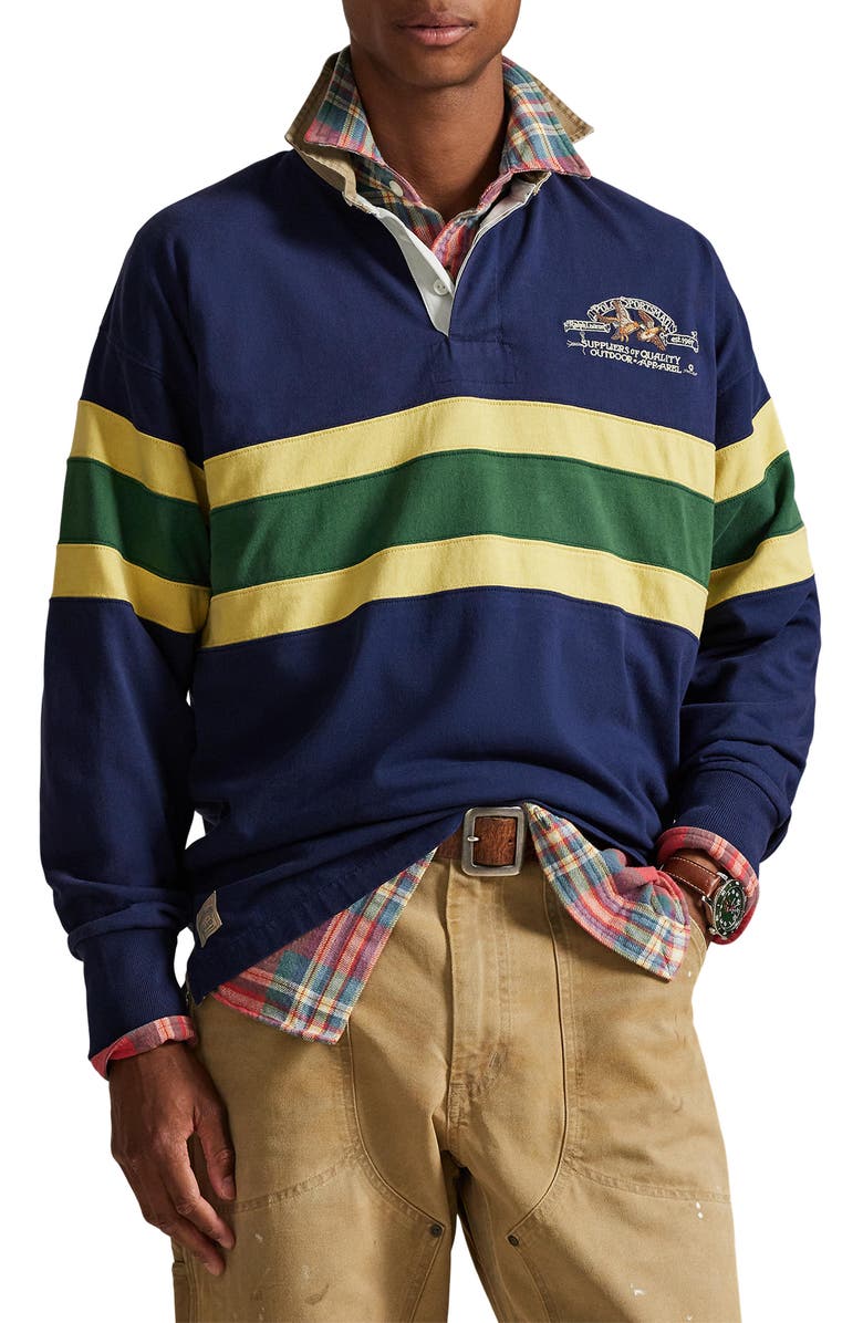 Polo Ralph Lauren Vintage Fit Embroidered Rugby Shirt, Main, color, Newport Navy/ Multi