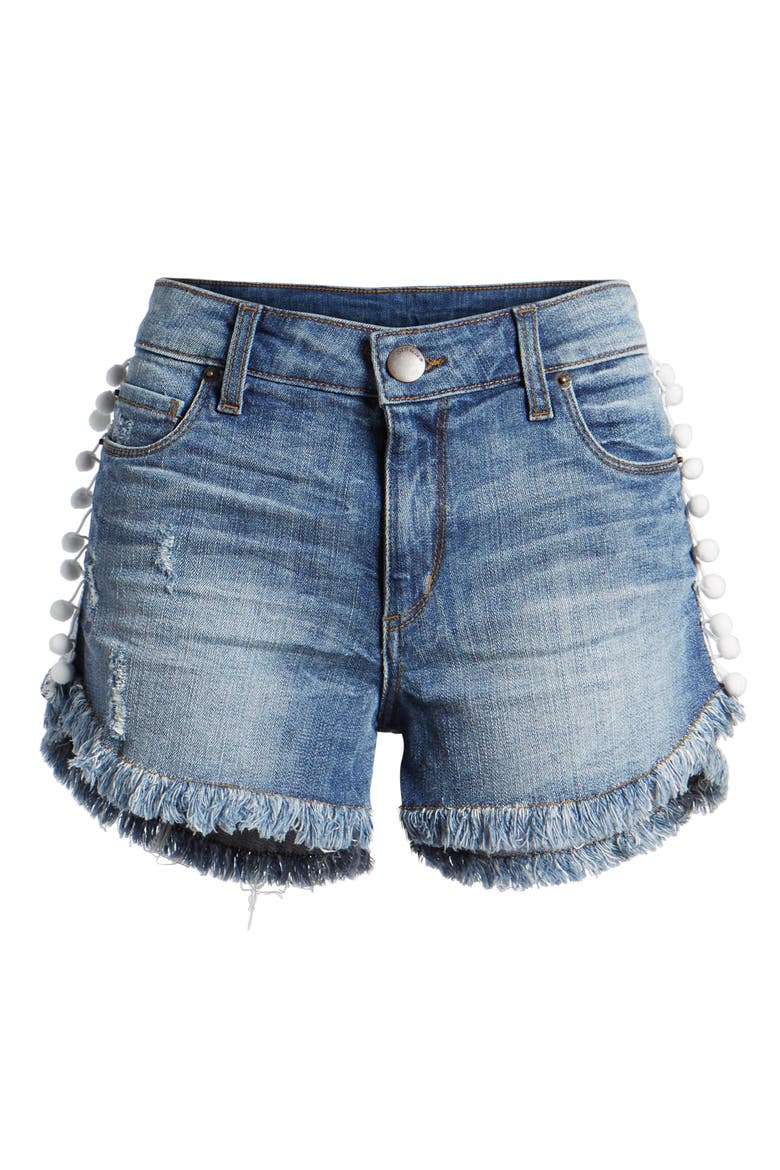 Fray Hem Pompom Denim Shorts, Alternate, color, SHADOW