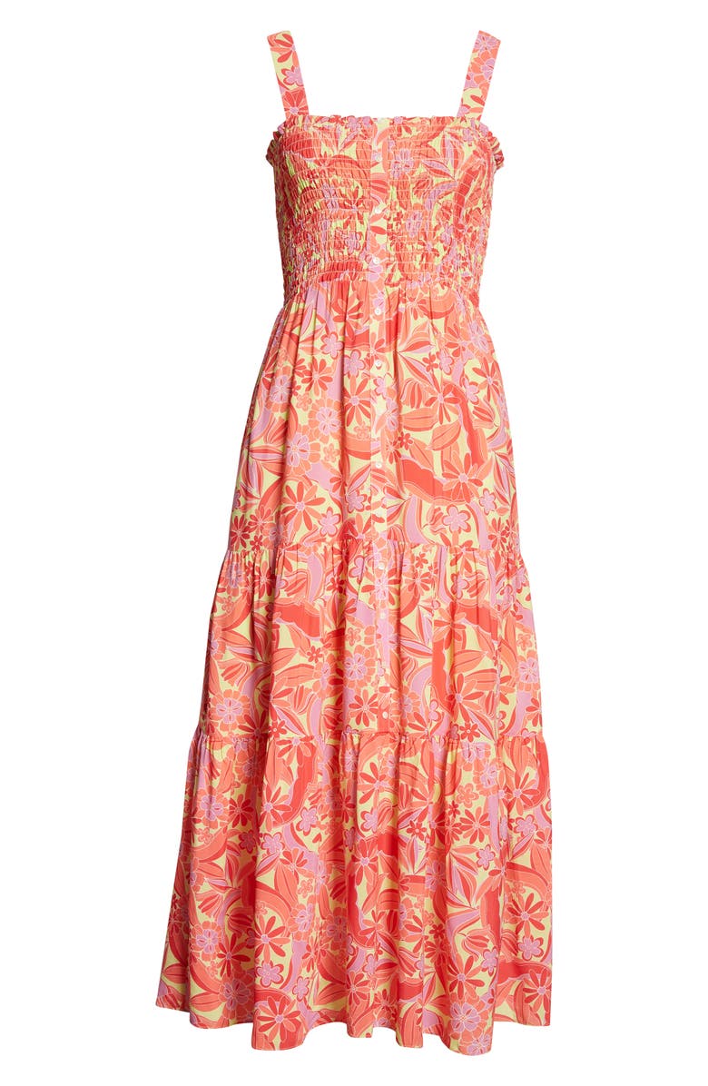 Nicole Miller Smocked Floral Silk Blend Midi Dress, Alternate, color, 