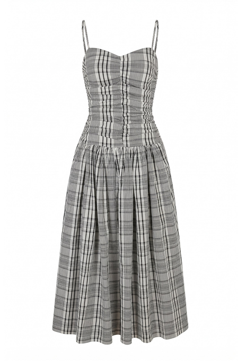 Plaid Smocked Bodice Midi Dress, Alternate, color, Charcoal Plaid