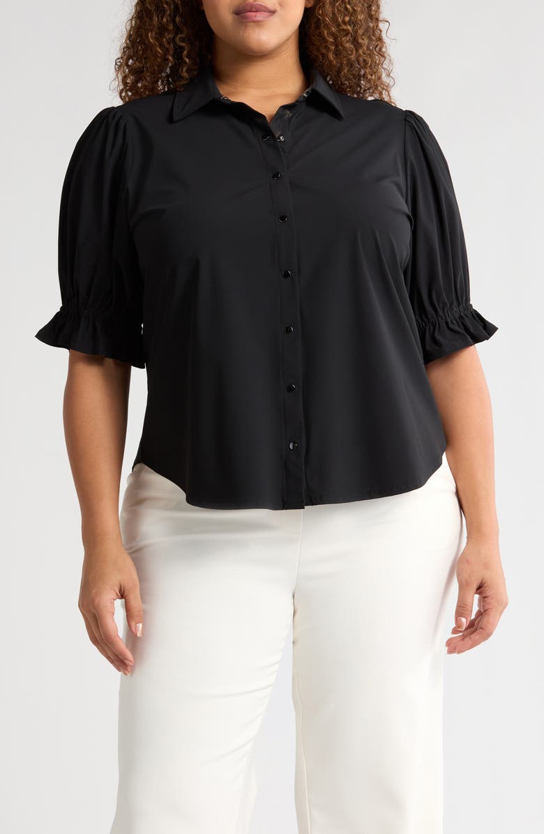 Liverpool Los Angeles Puff Sleeve Knit Snap-Up Shirt, Main, color, Black