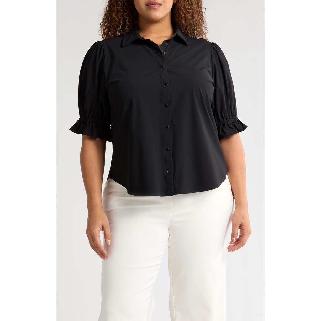 Liverpool Los Angeles Puff Sleeve Knit Snap-up Shirt In Black