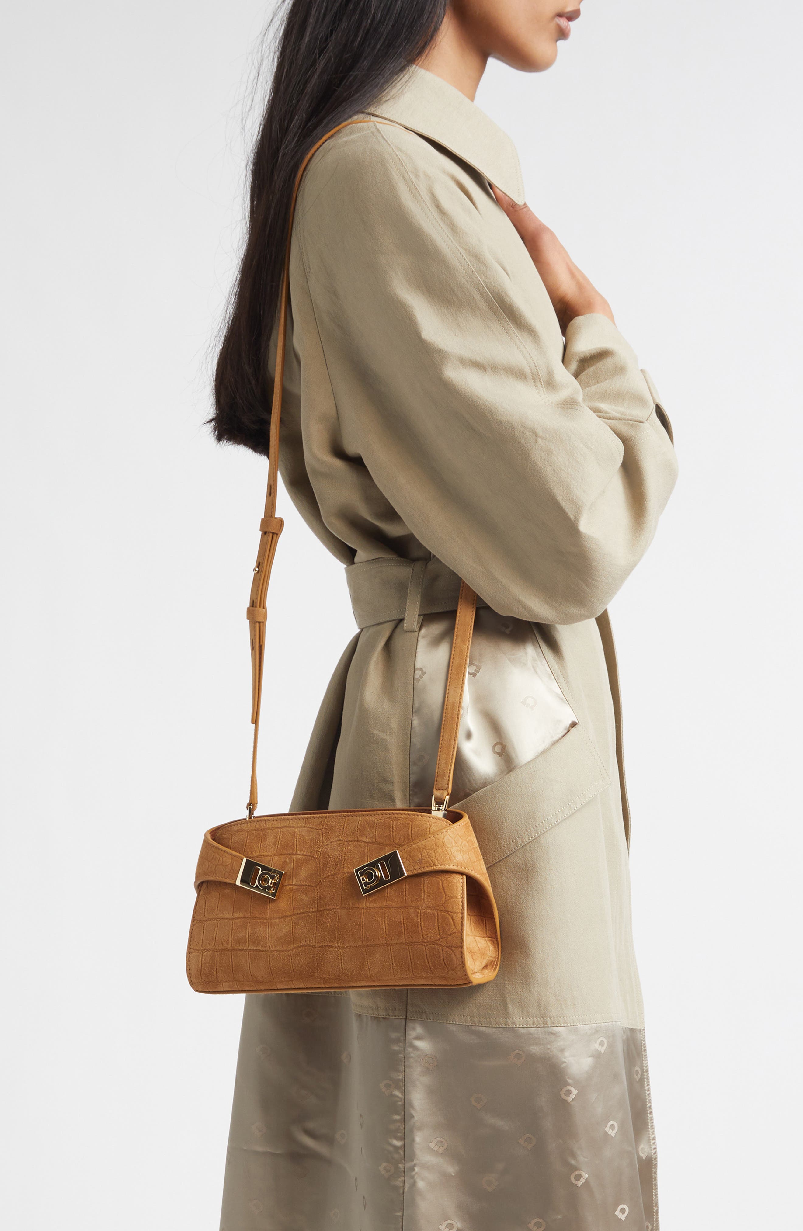 FERRAGAMO Hug Croc Embossed Suede East/West Shoulder Bag, Alternate, color, Naturale