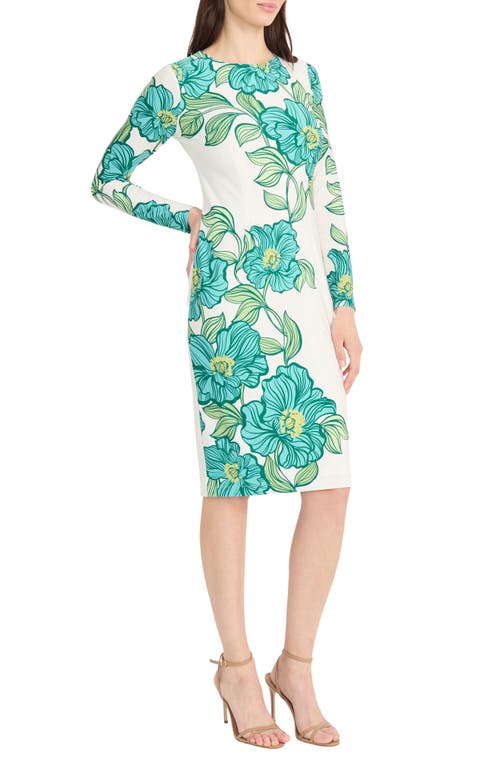 Maggy London Floral Long Sleeve Knit Midi Dress In White/green