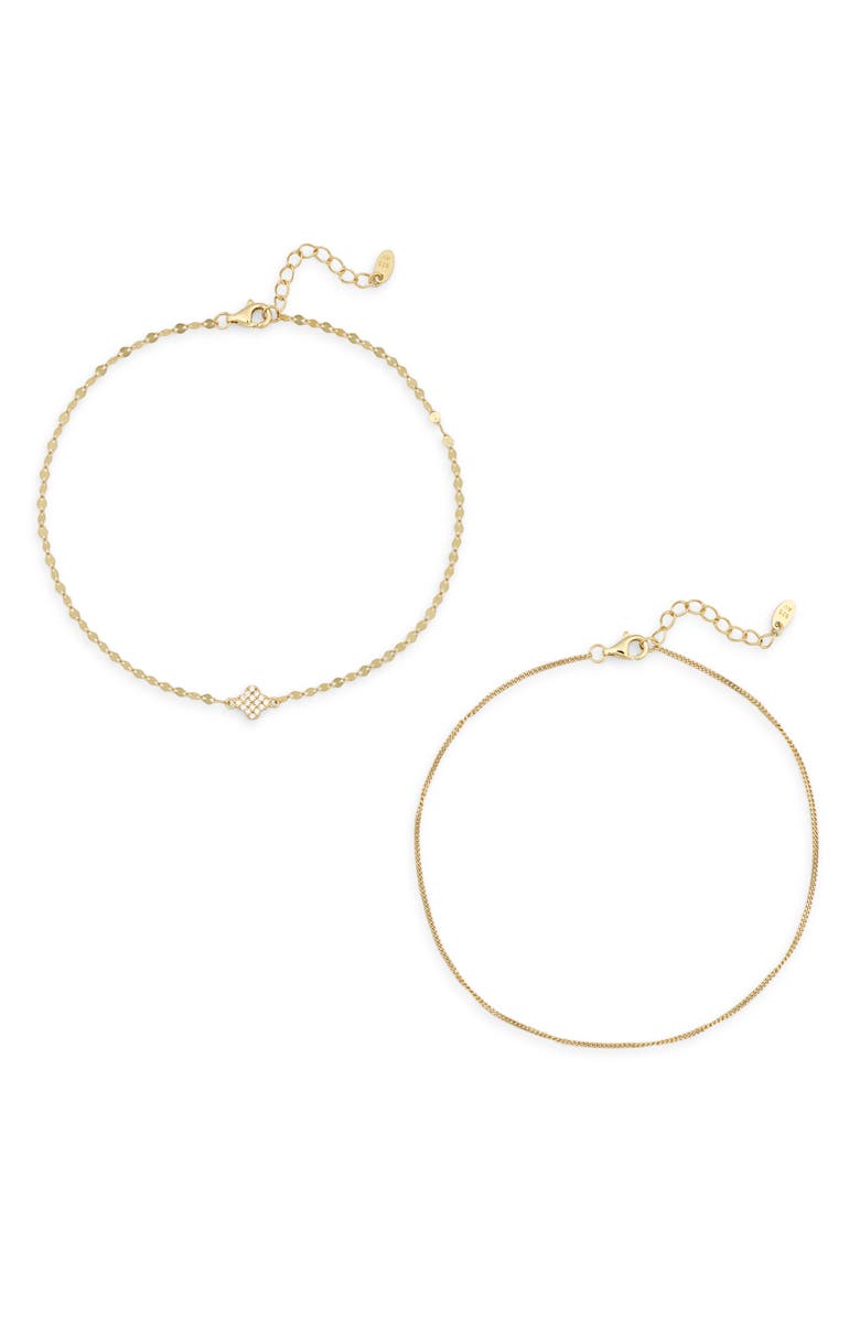 Argento Vivo Sterling Silver Set of 2 Clover Kiss Cubic Zirconia Anklets, Main, color, Gold