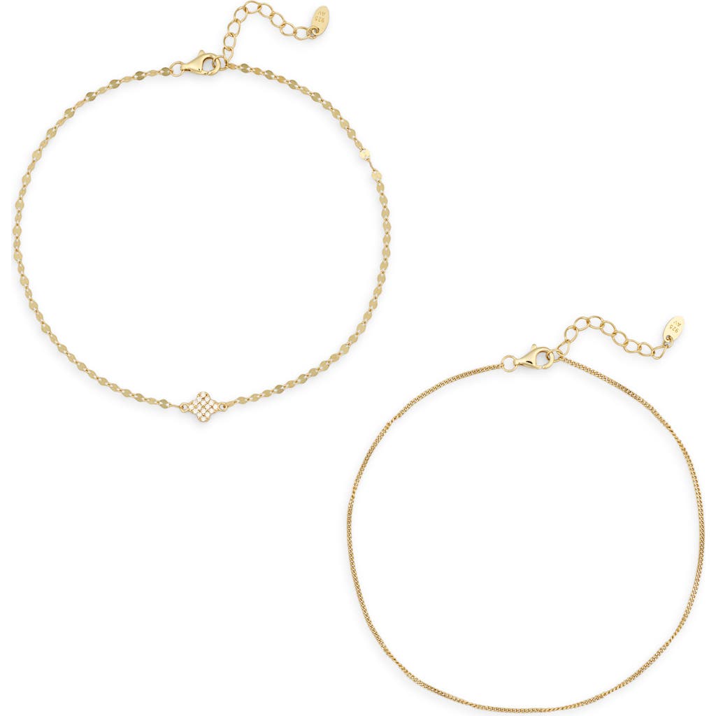 Argento Vivo Sterling Silver Set Of 2 Clover Kiss Cubic Zirconia Anklets In Gold