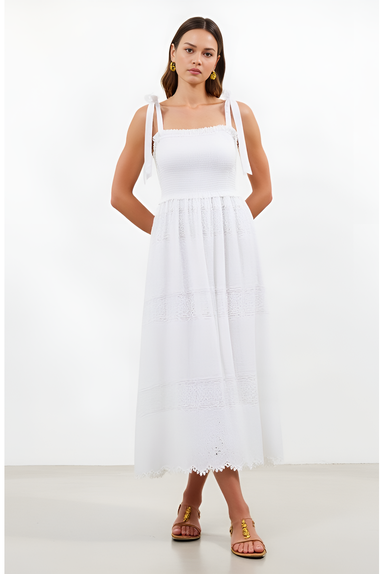 Smocked Lace Eyelet Maxi Dress with Scalloped Hem, Alternate, color, White