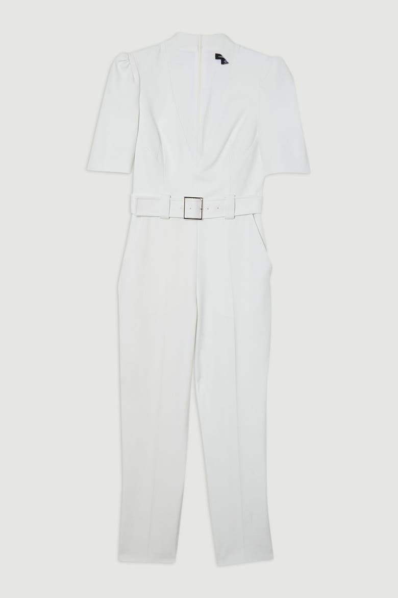 Petite Crepe Belted Jumpsuit, Alternate, color, Ivory
