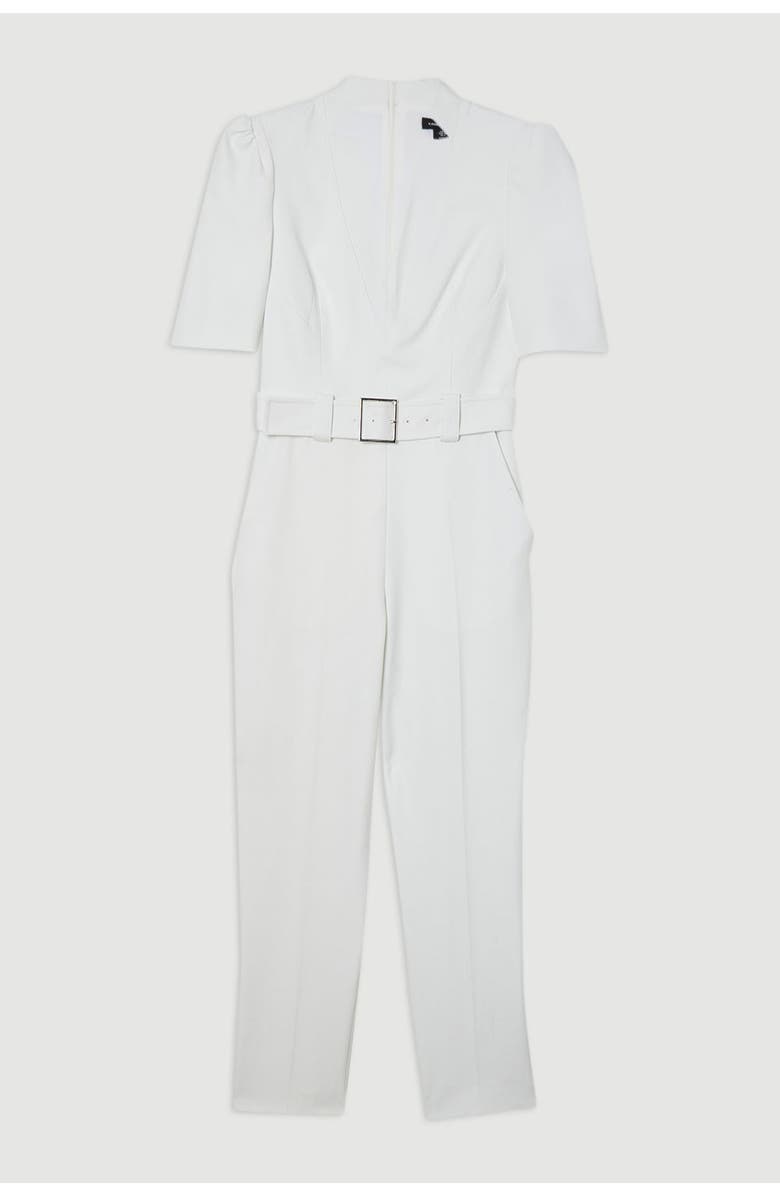 Karen Millen Petite Crepe Belted Jumpsuit, Alternate, color, Ivory
