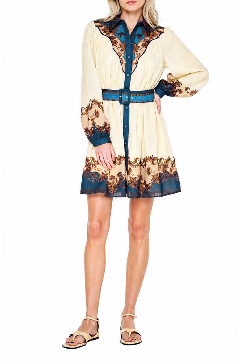 Teya Long Sleeve Belted Shirtdress, Main, color, CREAM MULTI