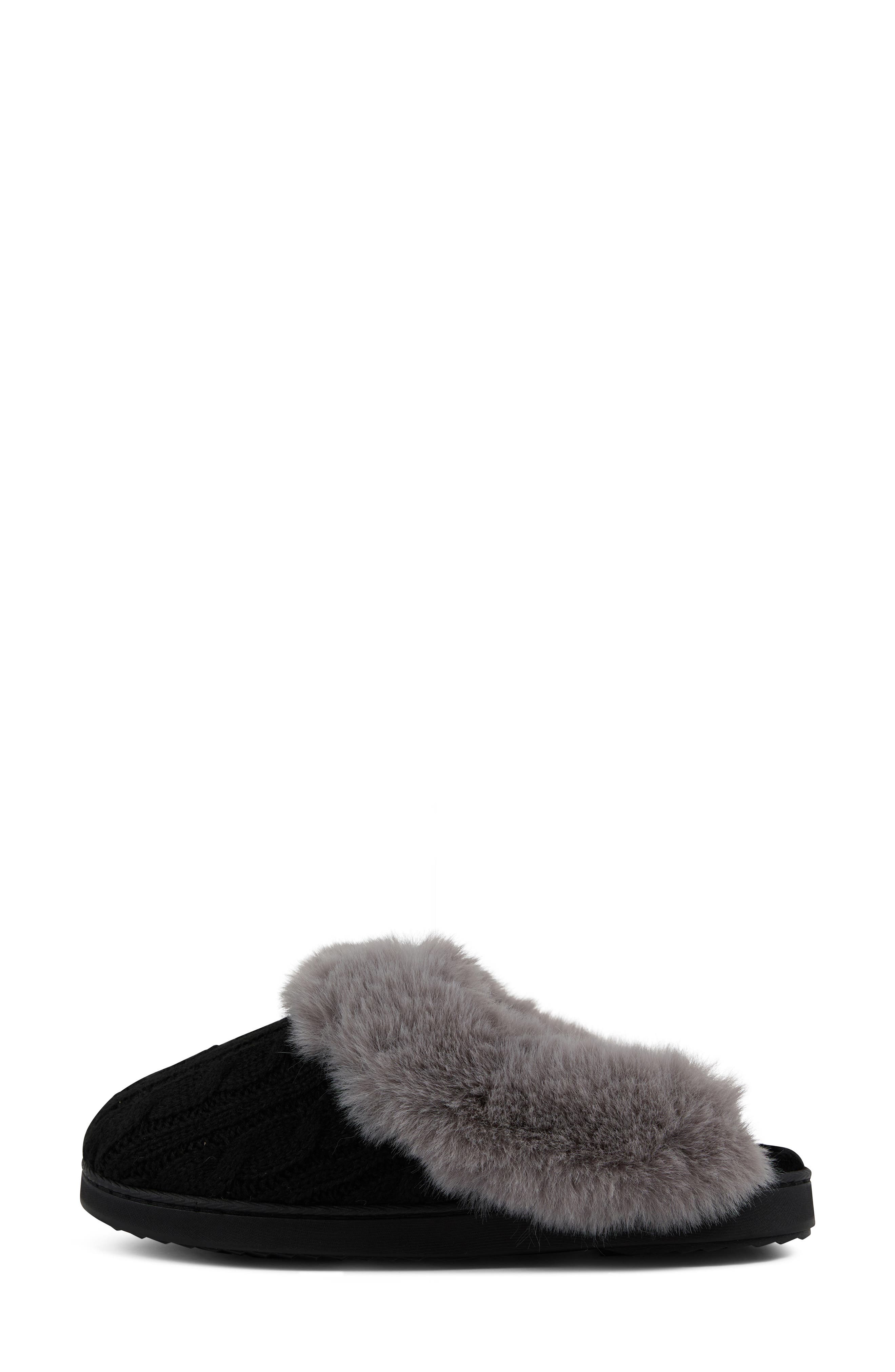 Faux Fur Trim Scuff Slipper, Alternate, color, BLACK
