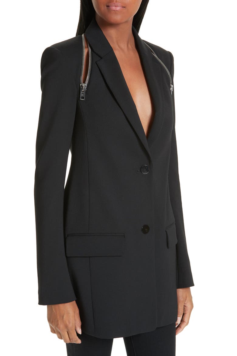 Zip Shoulder Stretch Wool Blend Blazer, Alternate, color, BLACK