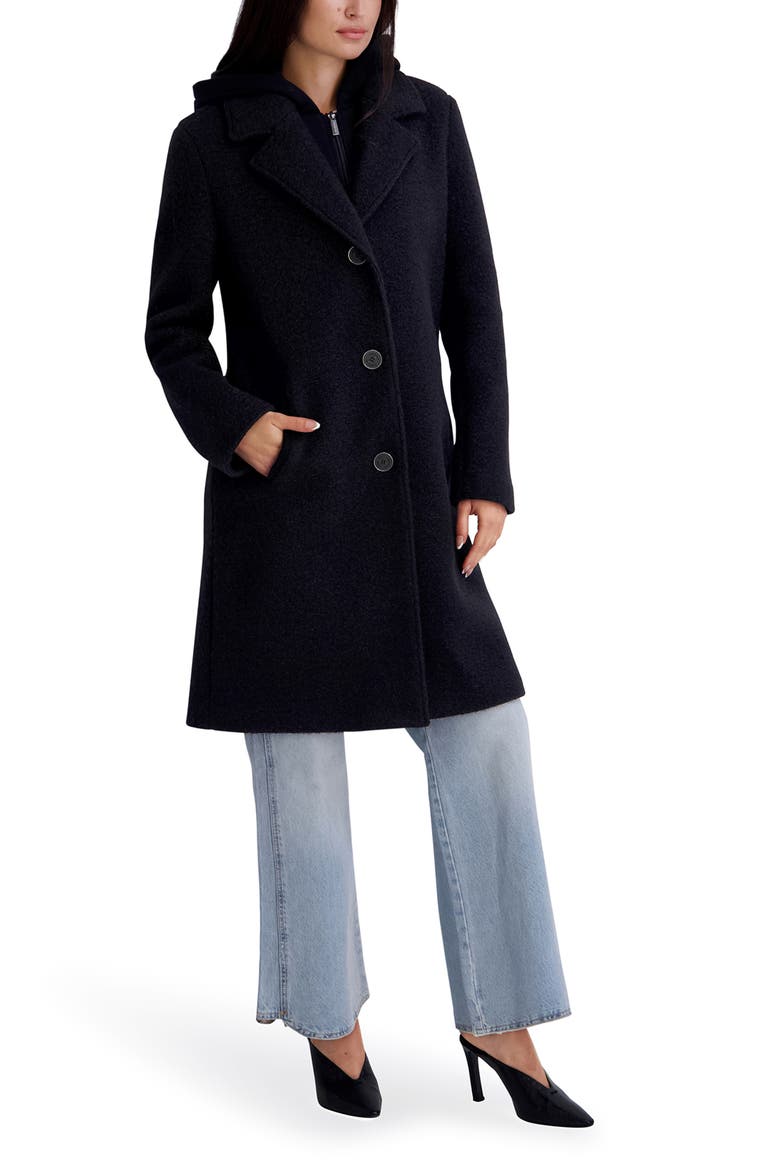 Textured Coat with Hoodie Bib, Alternate, color, BLACK