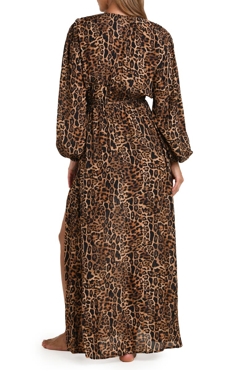 L'AGENCE Sara Leopard Print Long Sleeve Chiffon Cover-Up Maxi Dress, Alternate, color, Natural