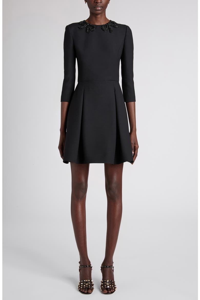 Bow Embellished Pleated Minidress, Main, color, BLACK