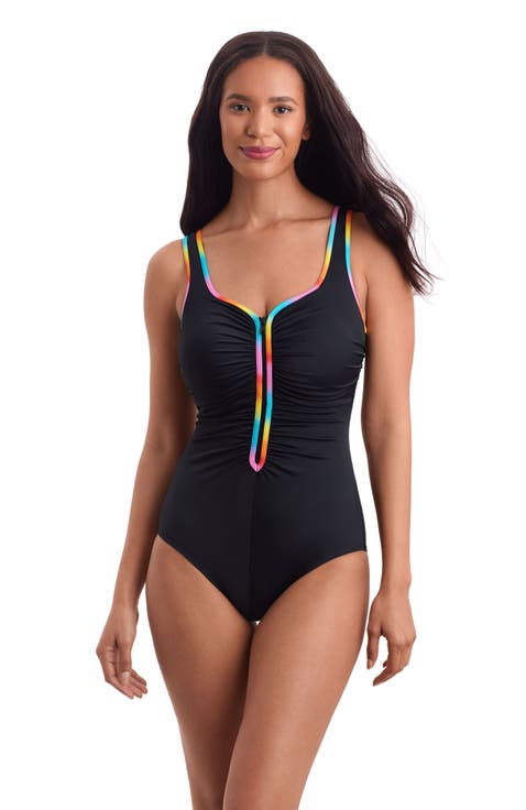Shirred Zipper Tank Chlorine Resistant One-Piece Swimsuit