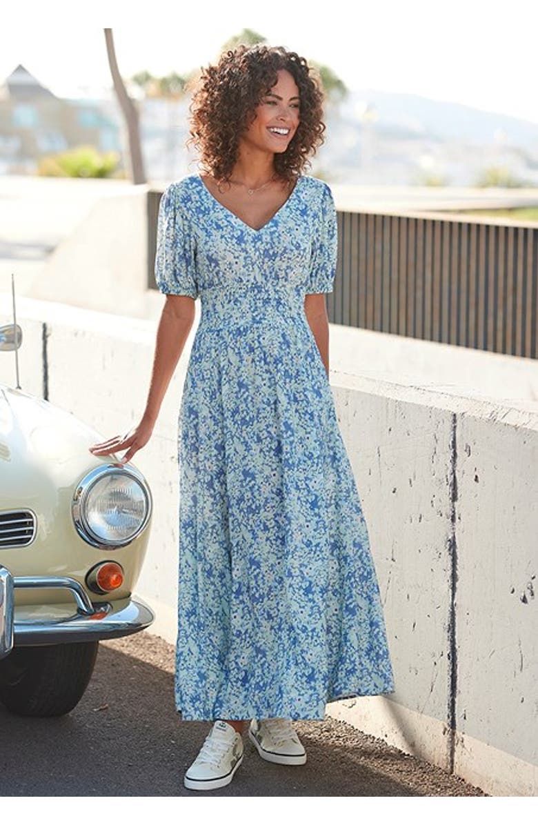 LASCANA Women's Floral Puff Sleeve Maxi Dress, Alternate, color, Navy Printed