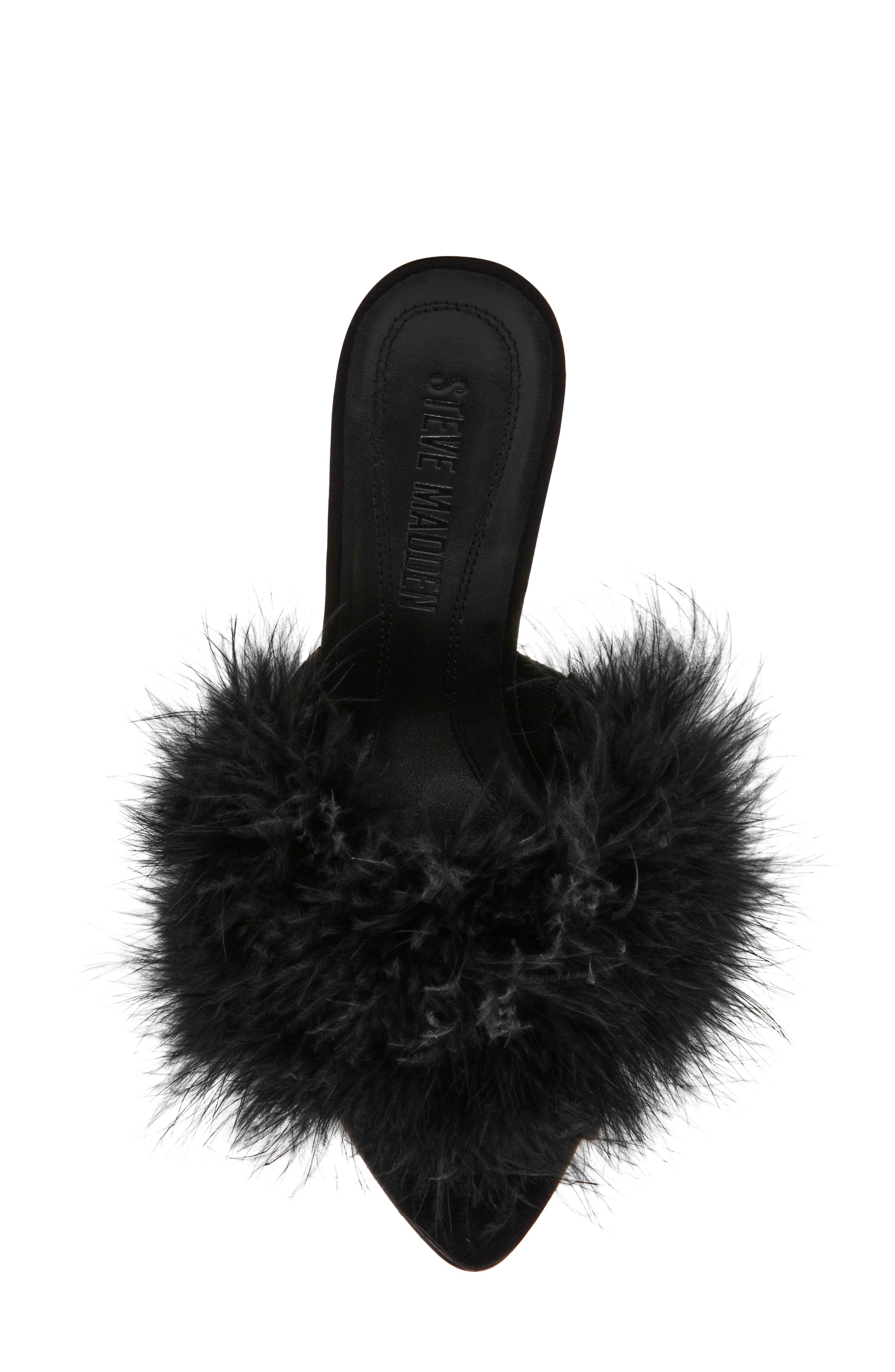 Steve Madden Ashbey Faux Feather Sandal, Alternate, color, Black