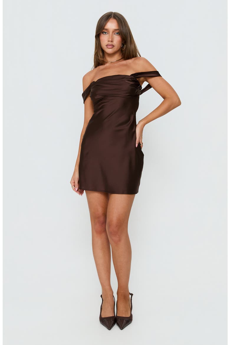 Zabbarra Off the Shoulder Satin Minidress, Alternate, color, BROWN