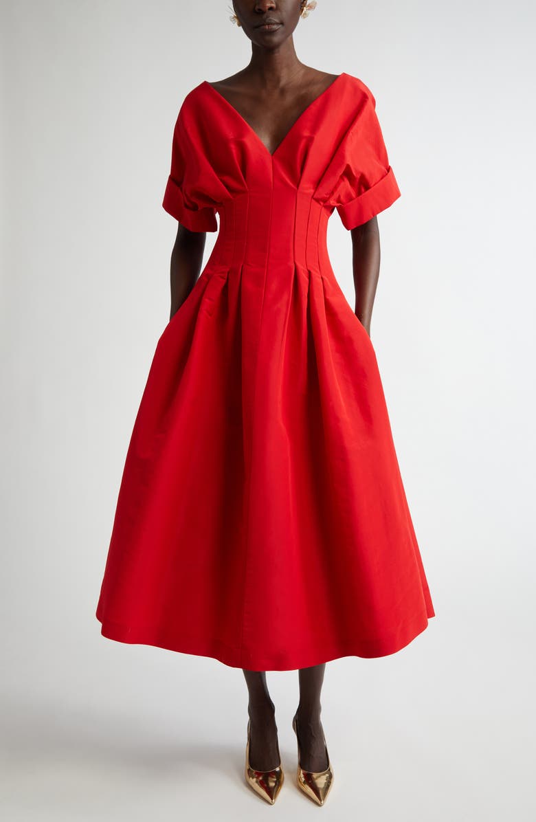 Carolina Herrera Gathered Waist Silk Faille Midi Dress, Main, color, 