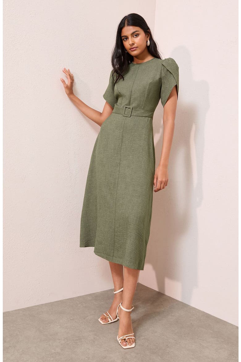 Petal Sleeve Midi Dress, Alternate, color, KHAKI GREEN