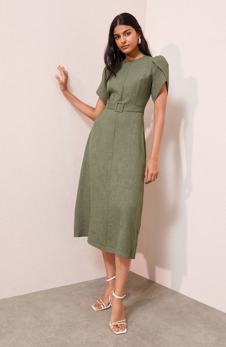 Friends Like These Petal Sleeve Midi Dress, Alternate, color, Khaki Green