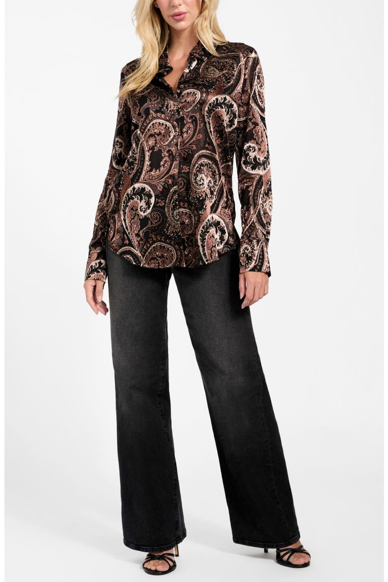 Clarisse Paisley Satin Button-Up Shirt, Alternate, color, BEIGE MULTI