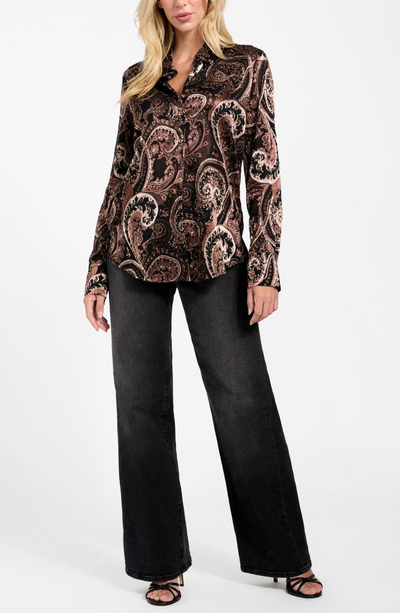 GUESS Clarisse Paisley Satin Button-Up Shirt, Alternate, color, Beige Multi