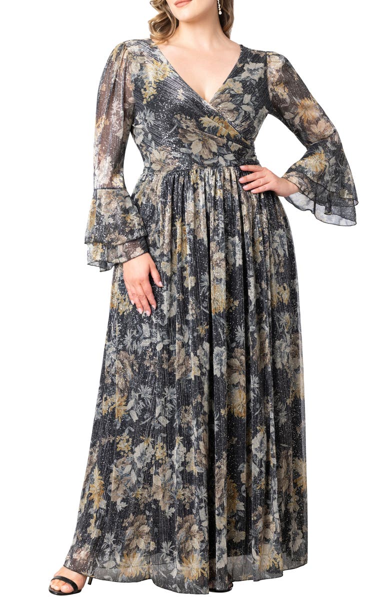 Kiyonna Gilded Glamour Long Sleeve Faux Wrap Gown, Main, color, 