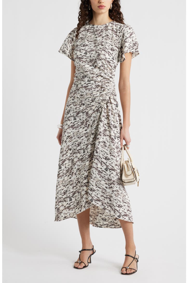 Split Sleeve Side Smocked Midi Dress, Alternate, color, IVORY- BROWN TEXTURAL