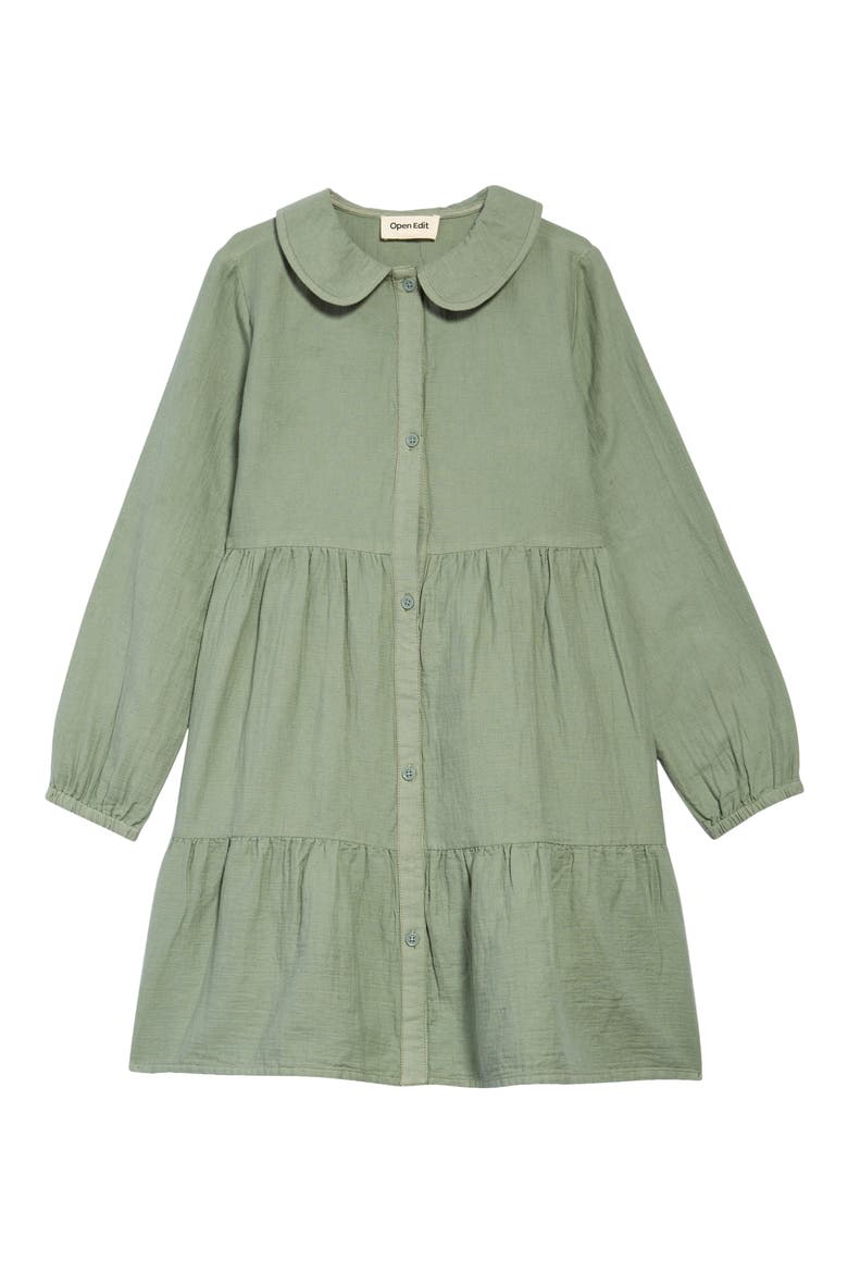 Kids' Tiered Long Sleeve Cotton Shirt Dress, Main, color, GREEN LILYPAD